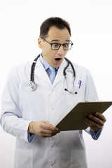 Fototapeta premium Shocked senior age male doctor in white lab coat and stethoscope looking on clipboard with patient's medical diagnosis on isolated white background. Health, healthcare, insurance and medical concept