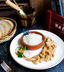 fried chicken pieces with rice