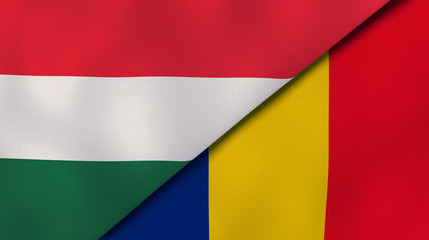 The flags of Hungary and Romania. News, reportage, business background. 3d illustration