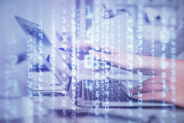 Multi exposure of woman hands working on computer and data theme hologram drawing. Tech concept.