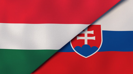 The flags of Hungary and Slovakia. News, reportage, business background. 3d illustration