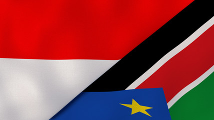 The flags of Indonesia and South Sudan. News, reportage, business background. 3d illustration