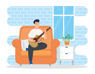 campaign stay at home with man in living room playing guitar vector illustration design