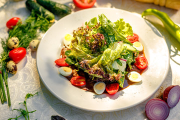 salad with fresh vegetables and meat, with lettuce, yatsami, tomatoes on a white plate