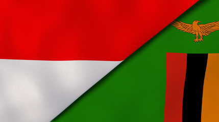 The flags of Indonesia and Zambia. News, reportage, business background. 3d illustration