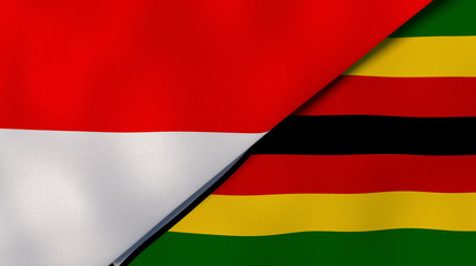 The flags of Indonesia and Zimbabwe. News, reportage, business background. 3d illustration
