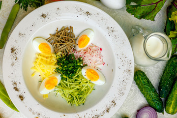 Vegetarian salad with onion radish and egg on a white plate