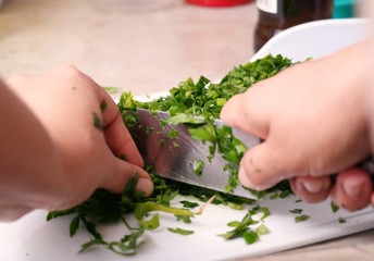 chopping parsley and chives for cooking