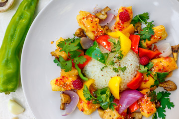 beautiful salad with rice and vegetables, healthy food