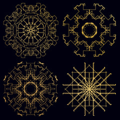 Decorative ornate snowflake looking like Indian round lace mandala. Vintage  pattern. Invitation, wedding card, scrapbooking. Christmas card design. Gold over black.