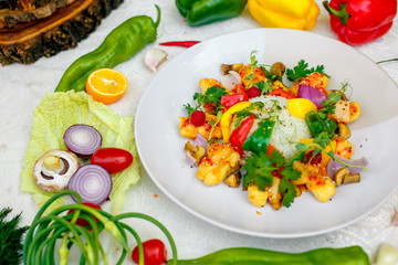 beautiful salad with rice and vegetables, healthy food