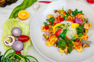 beautiful salad with rice and vegetables, healthy food