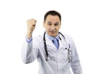 Fototapeta premium Middle-aged handsome doctor in white coat and stethoscope annoyed and frustrated shouting with anger with raised fist, isolated white background, medical warning, threat concept