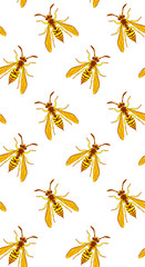 Wasp insect vertical seamless wallpaper. Dangerous yellow bugs cover on white backdrop. Vector Bumblebee drawing mobile banner. Wild Nature graphic print