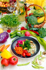 vegetarian dish with vegetables. Tomatoes, carrots, cabbage, mushrooms and beets