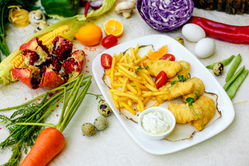 Breaded chicken with French fries and sauce