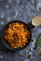 Homemade Spicy Kerala Mixture / Snack Mix with chickpea flour, top view