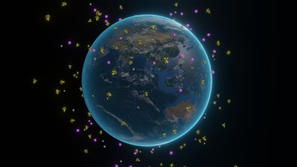 地球の周りを浮遊するウイルス、３Dレンダリング