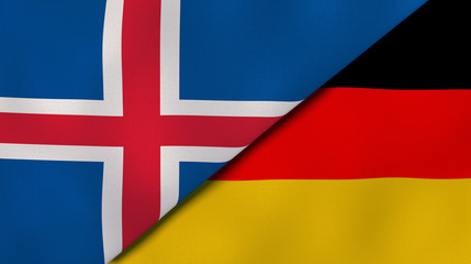 Fototapeta premium The flags of Iceland and Germany. News, reportage, business background. 3d illustration