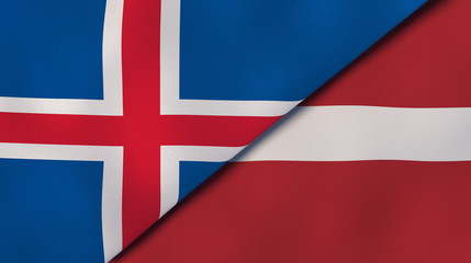 The flags of Iceland and Latvia. News, reportage, business background. 3d illustration