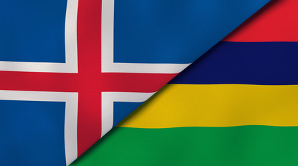 The flags of Iceland and Mauritius. News, reportage, business background. 3d illustration