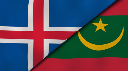 The flags of Iceland and Mauritania. News, reportage, business background. 3d illustration