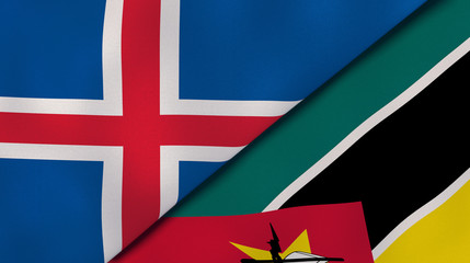 The flags of Iceland and Mozambique. News, reportage, business background. 3d illustration