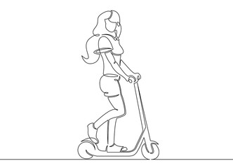 Obraz na płótnie Canvas continuous single drawn line art doodle girl, scooter
