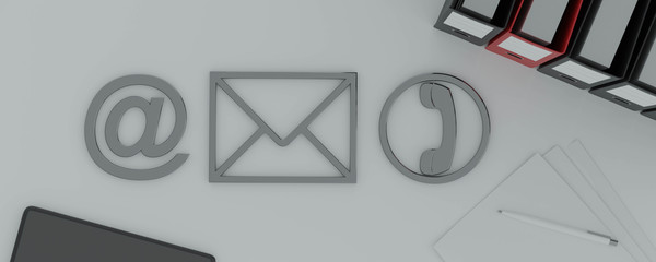 Contact Methods. Close-up Of A Phone, Email and Post Icons on office desk background 3d illustration render