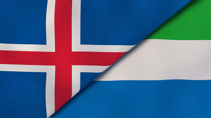 The flags of Iceland and Sierra Leone. News, reportage, business background. 3d illustration