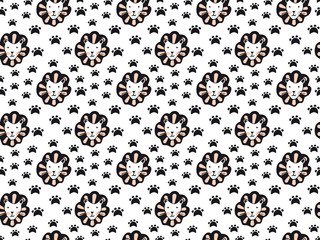 Cute Scandinavian seamless pattern of hand-drawn lions heads and black cat footprints on a white background. For the design of children's, clothing, fabric, wallpaper, textiles, wrapping paper. Vector