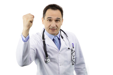 Fototapeta premium Serious female doctor in white medical coat and stethoscope imitates gun shoot killing herself pointing hand and fingers to temples making pistol gesture. Overworked medical worker, burnout nurse