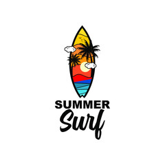 summer sunset surf board logo design