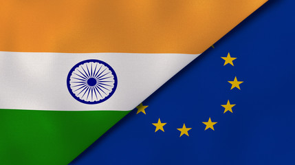 The flags of India and European Union. News, reportage, business background. 3d illustration