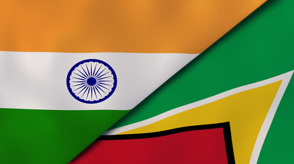 The flags of India and Guyana. News, reportage, business background. 3d illustration