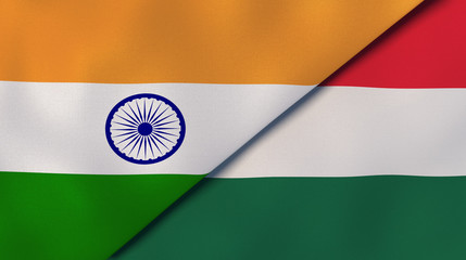 The flags of India and Hungary. News, reportage, business background. 3d illustration