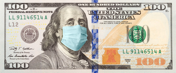 Full 100 Dollar Bill With Concerned Expression Wearing Medical Face Mask