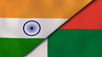 The flags of India and Madagascar. News, reportage, business background. 3d illustration