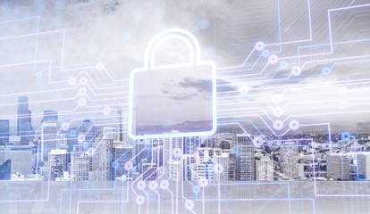 Digital lock icon and city background, concept of data security