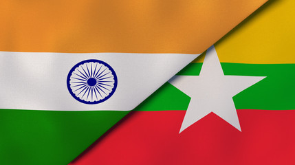 The flags of India and Myanmar. News, reportage, business background. 3d illustration