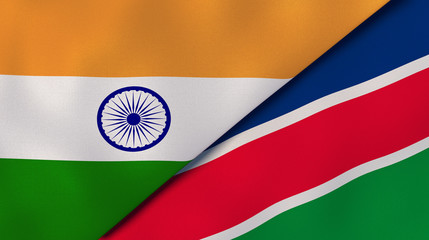 The flags of India and Namibia. News, reportage, business background. 3d illustration
