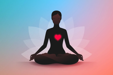 Woman is sitting in lotus position, her red heart is glowing