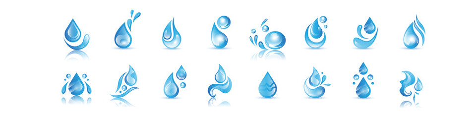 Water Splash Vector And Drop Set - Isolated On White. Vector Collection Of Flat Water Splash and Drop Logo. Icons For Droplet, Water Wave, Rain, Raindrop, Company Logo And Bubble Design