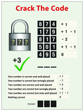 Crack the code. Math and brain game. Number puzzle game (with the answer) vector illustration. 