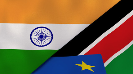 The flags of India and South Sudan. News, reportage, business background. 3d illustration