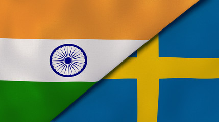 The flags of India and Sweden. News, reportage, business background. 3d illustration