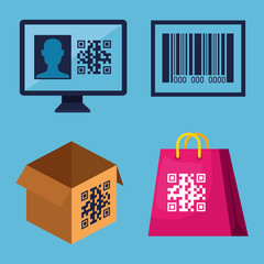 qr code over shopping bag box and computer design of technology scan information business price communication barcode digital and data theme Vector illustration