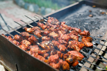 Tasty, juicy, delicious grilled skewers are fried on the grill. Fragrant pieces of red meat are put on a skewer and fried on the grill.