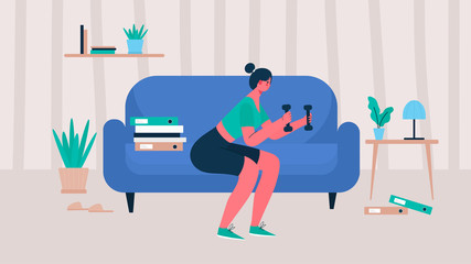 Woman in sportswear doing exercise squat with dumbbells at home. Woman doing workout indoor. Woman activities. Sport Healthy lifestyle, Fitness , Wellness Concept. Cartoon flat vector illustration.