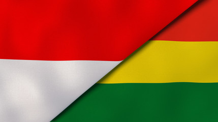 The flags of Indonesia and Bolivia. News, reportage, business background. 3d illustration